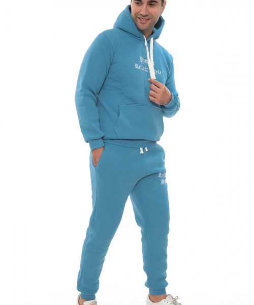 Açık Mavi Turkuaz İçi Polarlı Erkek Eşofman Takımı Paça Lastikli Cepli Kapüşonlu Nakış Detaylı Compact Takım