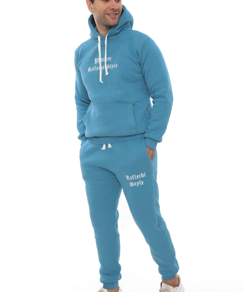 Açık Mavi Turkuaz İçi Polarlı Erkek Eşofman Takımı Paça Lastikli Cepli Kapüşonlu Nakış Detaylı Compact Takım