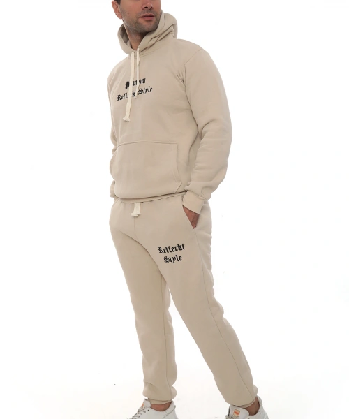 Bej İçi Polarlı Şık Erkek Eşofman Takımı Paça Lastikli Cepli Kapüşonlu Nakış Detaylı Compact Takım