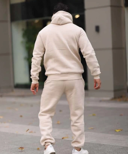 Bej İçi Polarlı Şık Erkek Eşofman Takımı Paça Lastikli Cepli Kapüşonlu Nakış Detaylı Compact Takım