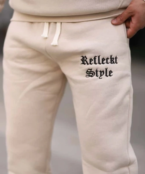 Bej İçi Polarlı Şık Erkek Eşofman Takımı Paça Lastikli Cepli Kapüşonlu Nakış Detaylı Compact Takım