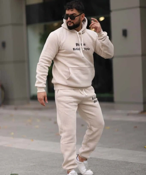 Bej İçi Polarlı Şık Erkek Eşofman Takımı Paça Lastikli Cepli Kapüşonlu Nakış Detaylı Compact Takım