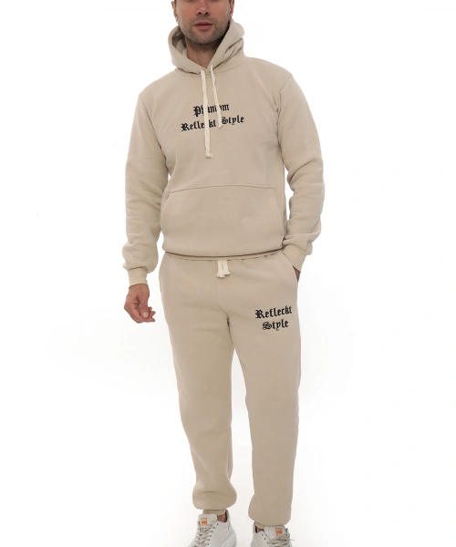 Bej İçi Polarlı Şık Erkek Eşofman Takımı Paça Lastikli Cepli Kapüşonlu Nakış Detaylı Compact Takım