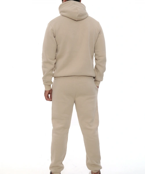 Bej İçi Polarlı Şık Erkek Eşofman Takımı Paça Lastikli Cepli Kapüşonlu Nakış Detaylı Compact Takım
