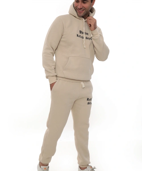 Bej İçi Polarlı Şık Erkek Eşofman Takımı Paça Lastikli Cepli Kapüşonlu Nakış Detaylı Compact Takım