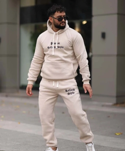 Bej İçi Polarlı Şık Erkek Eşofman Takımı Paça Lastikli Cepli Kapüşonlu Nakış Detaylı Compact Takım