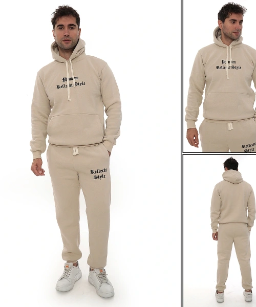 Bej İçi Polarlı Şık Erkek Eşofman Takımı Paça Lastikli Cepli Kapüşonlu Nakış Detaylı Compact Takım