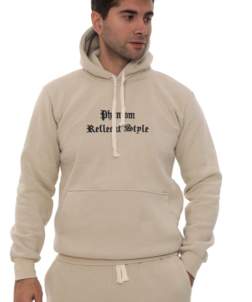 Bej İçi Polarlı Şık Erkek Eşofman Takımı Paça Lastikli Cepli Kapüşonlu Nakış Detaylı Compact Takım