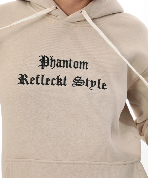 Bej Şık Polarlı Kadın Eşofman Takımı Paça Lastikli Cepli Kapüşonlu Nakış Detaylı Compact Takım