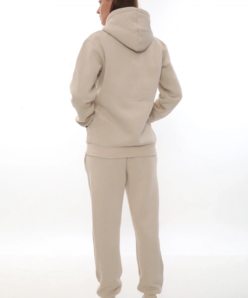 Bej Şık Polarlı Kadın Eşofman Takımı Paça Lastikli Cepli Kapüşonlu Nakış Detaylı Compact Takım