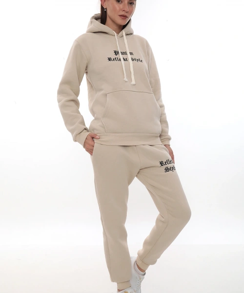 Bej Şık Polarlı Kadın Eşofman Takımı Paça Lastikli Cepli Kapüşonlu Nakış Detaylı Compact Takım