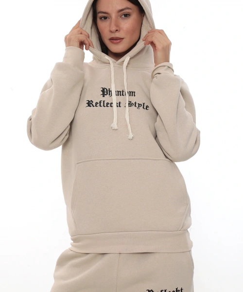 Bej Şık Polarlı Kadın Eşofman Takımı Paça Lastikli Cepli Kapüşonlu Nakış Detaylı Compact Takım