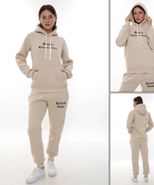 Bej Şık Polarlı Kadın Eşofman Takımı Paça Lastikli Cepli Kapüşonlu Nakış Detaylı Compact Takım