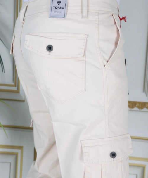 Bej Erkek Regular Fit Rahat Kesim Kapri Likralı Gabardin Diz Altı Kargo Cepli Bermuda Kapri