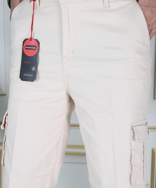 Bej Erkek Regular Fit Rahat Kesim Kapri Likralı Gabardin Diz Altı Kargo Cepli Bermuda Kapri