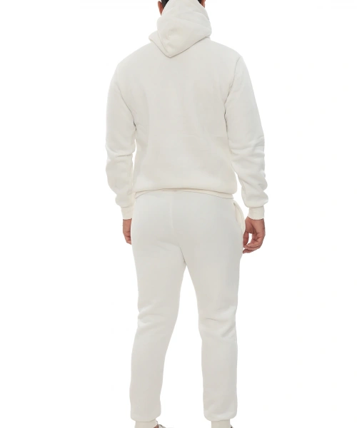 Beyaz İçi Polarlı Şık Erkek Eşofman Takımı Paça Lastikli Cepli Kapüşonlu Nakış Detaylı Compact Takım