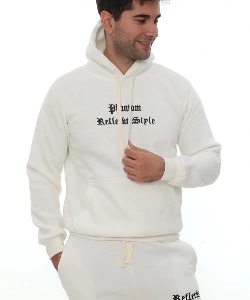 Beyaz İçi Polarlı Şık Erkek Eşofman Takımı Paça Lastikli Cepli Kapüşonlu Nakış Detaylı Compact Takım