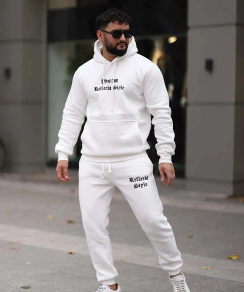 Beyaz İçi Polarlı Şık Erkek Eşofman Takımı Paça Lastikli Cepli Kapüşonlu Nakış Detaylı Compact Takım