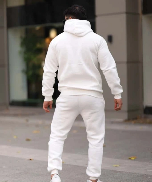Beyaz İçi Polarlı Şık Erkek Eşofman Takımı Paça Lastikli Cepli Kapüşonlu Nakış Detaylı Compact Takım