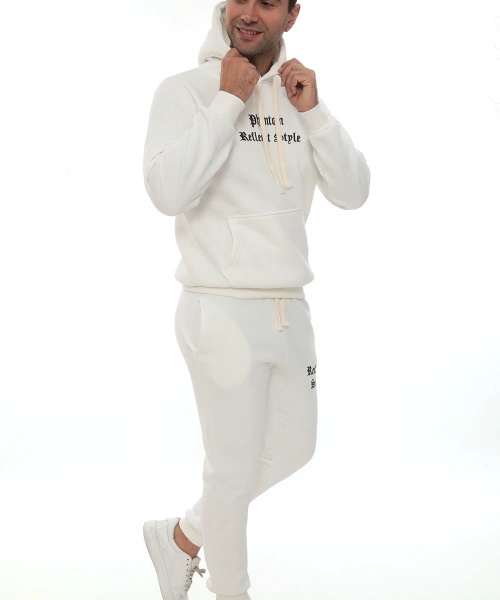 Beyaz İçi Polarlı Şık Erkek Eşofman Takımı Paça Lastikli Cepli Kapüşonlu Nakış Detaylı Compact Takım