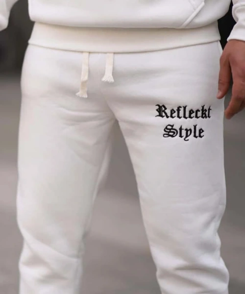 Beyaz İçi Polarlı Şık Erkek Eşofman Takımı Paça Lastikli Cepli Kapüşonlu Nakış Detaylı Compact Takım