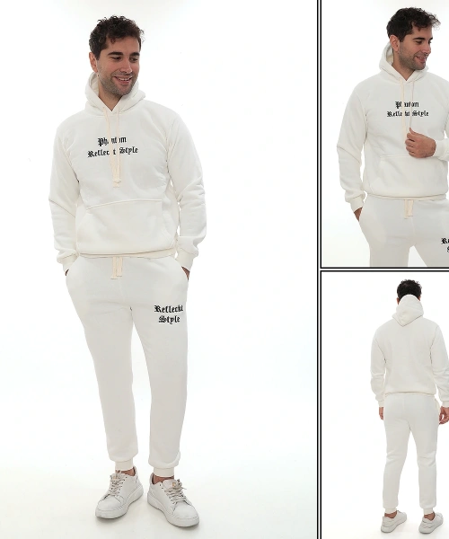 Beyaz İçi Polarlı Şık Erkek Eşofman Takımı Paça Lastikli Cepli Kapüşonlu Nakış Detaylı Compact Takım