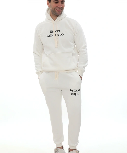 Beyaz İçi Polarlı Şık Erkek Eşofman Takımı Paça Lastikli Cepli Kapüşonlu Nakış Detaylı Compact Takım