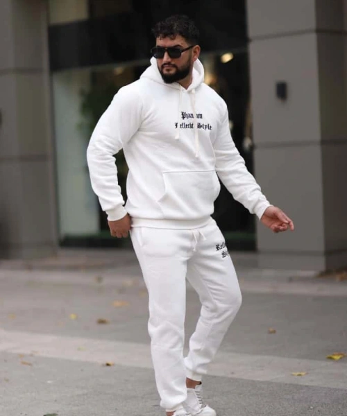 Beyaz İçi Polarlı Şık Erkek Eşofman Takımı Paça Lastikli Cepli Kapüşonlu Nakış Detaylı Compact Takım