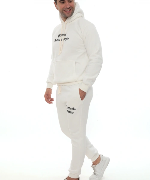 Beyaz İçi Polarlı Şık Erkek Eşofman Takımı Paça Lastikli Cepli Kapüşonlu Nakış Detaylı Compact Takım