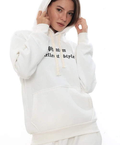 Beyaz Şık Polarlı Kadın Eşofman Takımı Paça Lastikli Cepli Kapüşonlu Nakış Detaylı Compact Takım