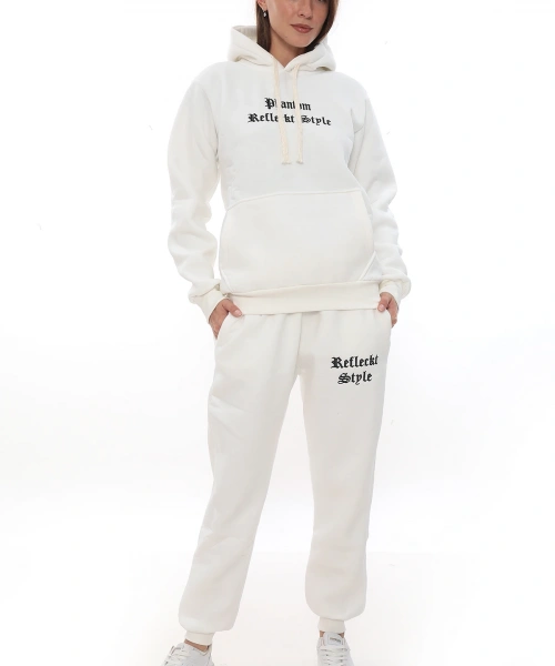 Beyaz Şık Polarlı Kadın Eşofman Takımı Paça Lastikli Cepli Kapüşonlu Nakış Detaylı Compact Takım