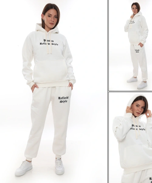 Beyaz Şık Polarlı Kadın Eşofman Takımı Paça Lastikli Cepli Kapüşonlu Nakış Detaylı Compact Takım