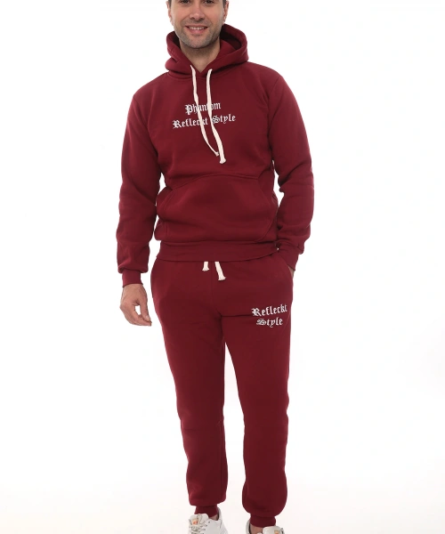 Bordo Şık İçi Polarlı Erkek Eşofman Takımı Paça Lastikli Cepli Kapüşonlu Nakış Detaylı Compact Takım