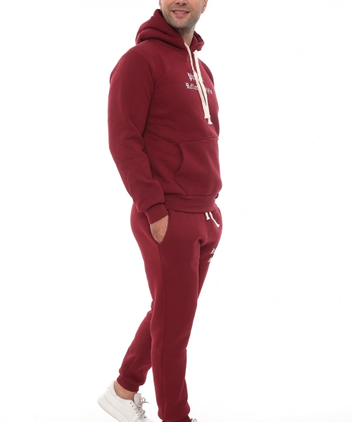 Bordo Şık İçi Polarlı Erkek Eşofman Takımı Paça Lastikli Cepli Kapüşonlu Nakış Detaylı Compact Takım
