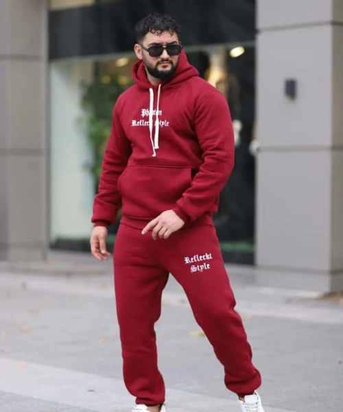 Bordo Şık İçi Polarlı Erkek Eşofman Takımı Paça Lastikli Cepli Kapüşonlu Nakış Detaylı Compact Takım