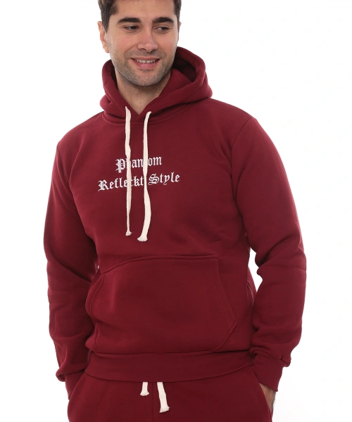 Bordo Şık İçi Polarlı Erkek Eşofman Takımı Paça Lastikli Cepli Kapüşonlu Nakış Detaylı Compact Takım