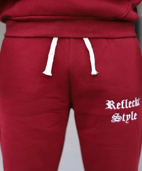 Bordo Şık İçi Polarlı Erkek Eşofman Takımı Paça Lastikli Cepli Kapüşonlu Nakış Detaylı Compact Takım