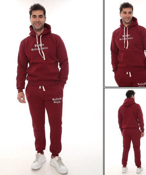 Bordo Şık İçi Polarlı Erkek Eşofman Takımı Paça Lastikli Cepli Kapüşonlu Nakış Detaylı Compact Takım
