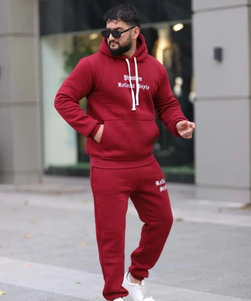 Bordo Şık İçi Polarlı Erkek Eşofman Takımı Paça Lastikli Cepli Kapüşonlu Nakış Detaylı Compact Takım