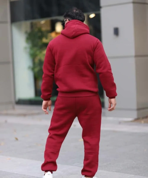Bordo Şık İçi Polarlı Erkek Eşofman Takımı Paça Lastikli Cepli Kapüşonlu Nakış Detaylı Compact Takım