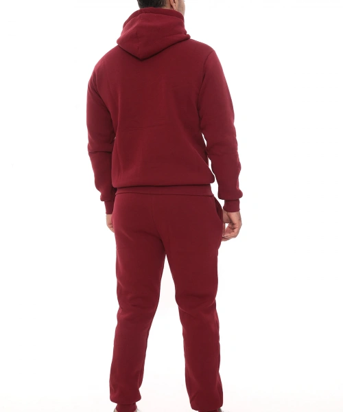 Bordo Şık İçi Polarlı Erkek Eşofman Takımı Paça Lastikli Cepli Kapüşonlu Nakış Detaylı Compact Takım