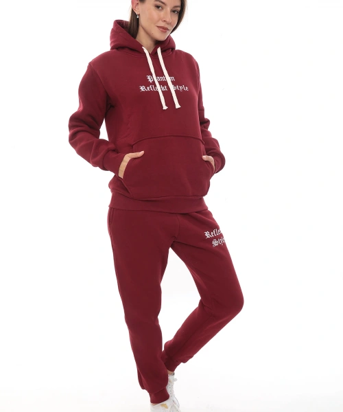 Bordo Şık Polarlı Kadın Eşofman Takımı Paça Lastikli Cepli Kapüşonlu Nakış Detaylı Compact Takım