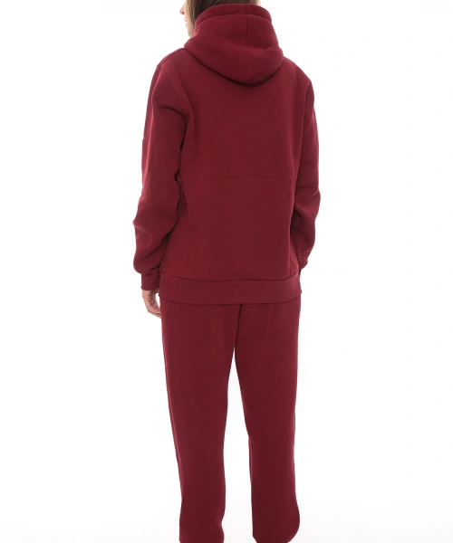 Bordo Şık Polarlı Kadın Eşofman Takımı Paça Lastikli Cepli Kapüşonlu Nakış Detaylı Compact Takım
