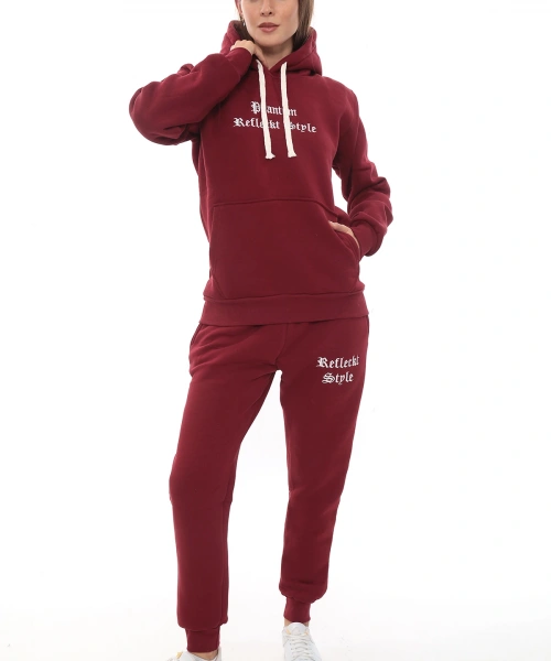 Bordo Şık Polarlı Kadın Eşofman Takımı Paça Lastikli Cepli Kapüşonlu Nakış Detaylı Compact Takım