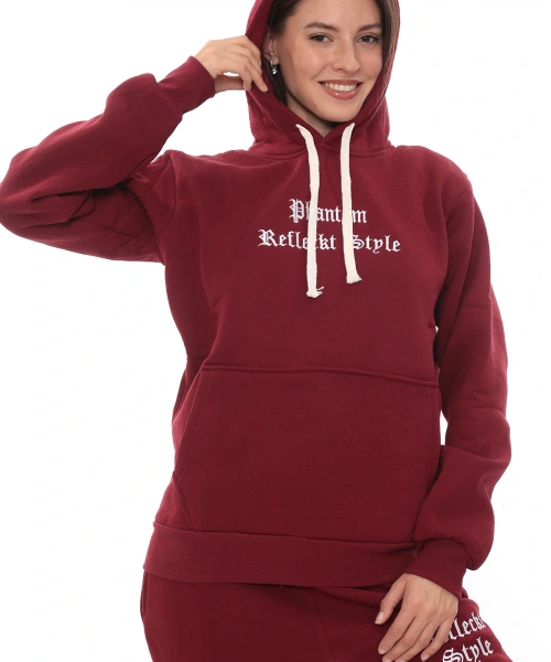 Bordo Şık Polarlı Kadın Eşofman Takımı Paça Lastikli Cepli Kapüşonlu Nakış Detaylı Compact Takım