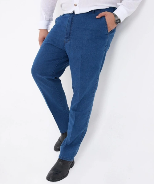 Açık Mavi Büyük Beden Erkek Likralı Battal Yüksek Bel Kot Pantolon Rahat Kesim Jean Denim