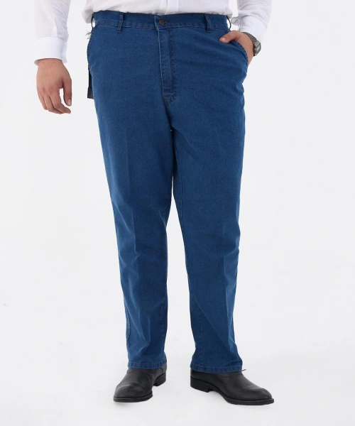Açık Mavi Büyük Beden Erkek Likralı Battal Yüksek Bel Kot Pantolon Rahat Kesim Jean Denim