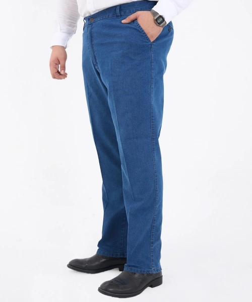 Açık Mavi Büyük Beden Erkek Likralı Battal Yüksek Bel Kot Pantolon Rahat Kesim Jean Denim
