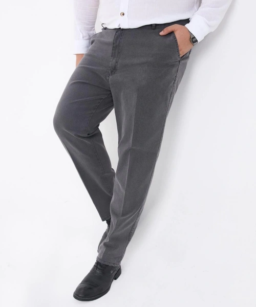 Gri Büyük Beden Erkek Likralı Battal Yüksek Bel Kot Pantolon Rahat Kesim Jean Denim