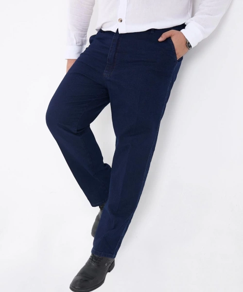 Mavi Büyük Beden Erkek Likralı Battal Yüksek Bel Kot Pantolon Rahat Kesim Jean Denim